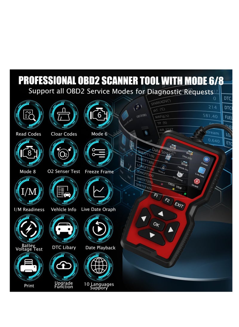 Excefore - أداة تشخيص الماسح الضوئي OBD2، قارئ رمز فحص المحرك، الماسح الضوئي OBD2 مع إعادة الضبط، الوضع 6، الوضع 8 والاستعداد للفحص، أداة فحص تشخيص السيارة مع ضوء فحص المحرك التلقائي، لجميع سيارات OBDII بعد عام 1996 - Image 1
