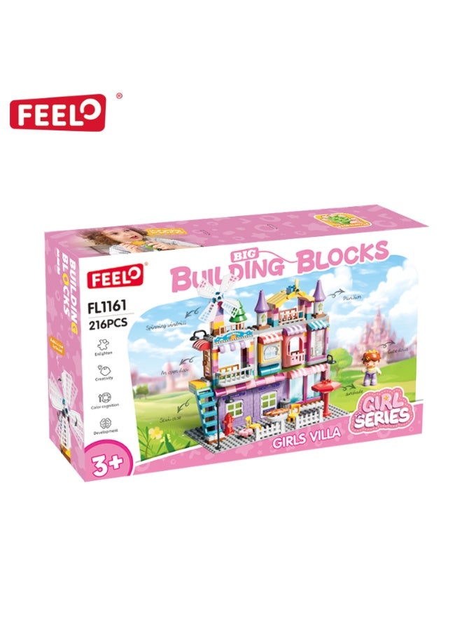 FEELO Girls Villa Big Building Blocks Set | 216 Pieces | Easy-to-Assemble Construction Toy | Encourages Creativity, Hands-on Ability & Parent-Child Interaction | Pink Townhouse Dollhouse with Windows - Image 2