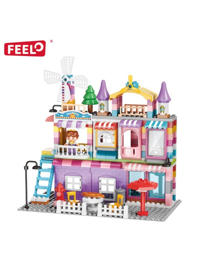 FEELO Girls Villa Big Building Blocks Set | 216 Pieces | Easy-to-Assemble Construction Toy | Encourages Creativity, Hands-on Ability & Parent-Child Interaction | Pink Townhouse Dollhouse with Windows - Image 1