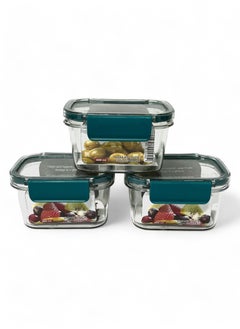 Phoenix Acrylic Refrigerator Food Container,Food box Set of 3 Pieces with Airtight Lock - Clear Silicone Sides 3 * 400ml Turquoise  - Image 1