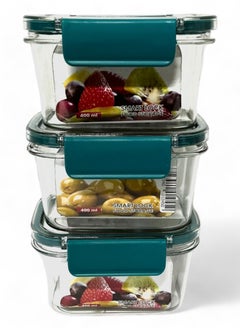 Phoenix Acrylic Refrigerator Food Container,Food box Set of 3 Pieces with Airtight Lock - Clear Silicone Sides 3 * 400ml Turquoise  - Image 2