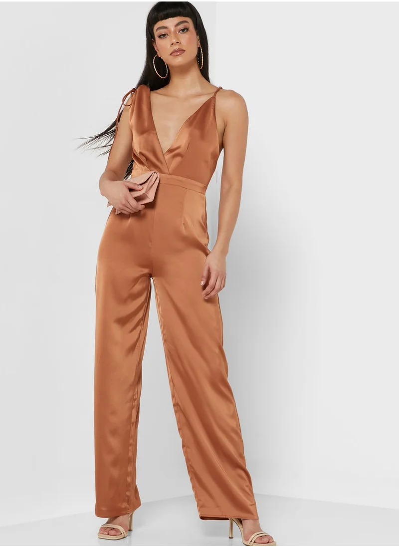 Miss Pap Plunge Neck Wide Leg Jumpsuit