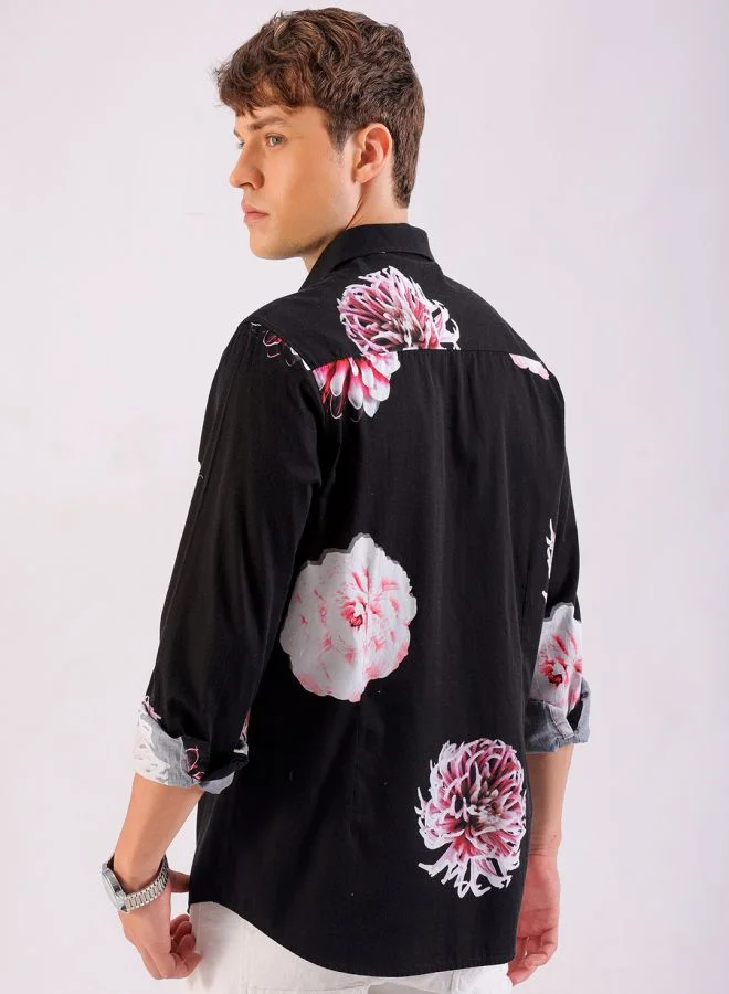 The Indian Garage Co Men Slim Fit Floral Printed Full Sleeves Cutaway Collar Party Wear Shirt