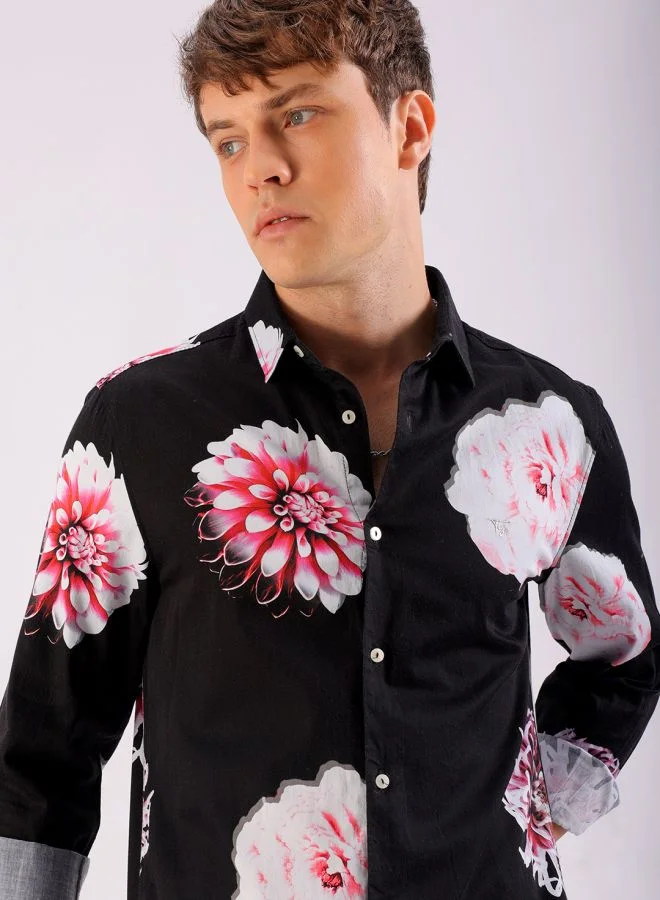The Indian Garage Co Men Slim Fit Floral Printed Full Sleeves Cutaway Collar Party Wear Shirt