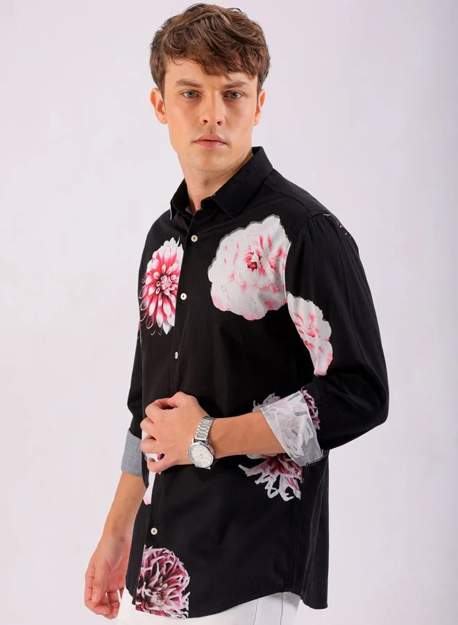 The Indian Garage Co Men Slim Fit Floral Printed Full Sleeves Cutaway Collar Party Wear Shirt