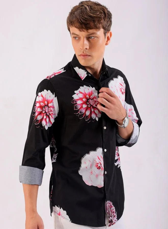 The Indian Garage Co Men Slim Fit Floral Printed Full Sleeves Cutaway Collar Party Wear Shirt