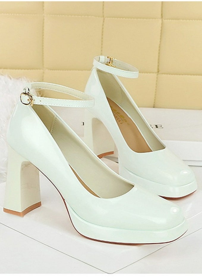 BIGTREE Womens Platform Chunky High Heel Square Closed Toe Ankle Strap Pumps White  - Image 2