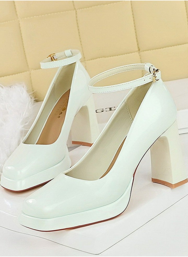 BIGTREE Womens Platform Chunky High Heel Square Closed Toe Ankle Strap Pumps White  - Image 1
