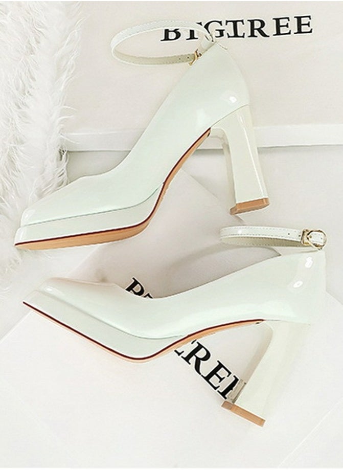 BIGTREE Womens Platform Chunky High Heel Square Closed Toe Ankle Strap Pumps White  - Image 3