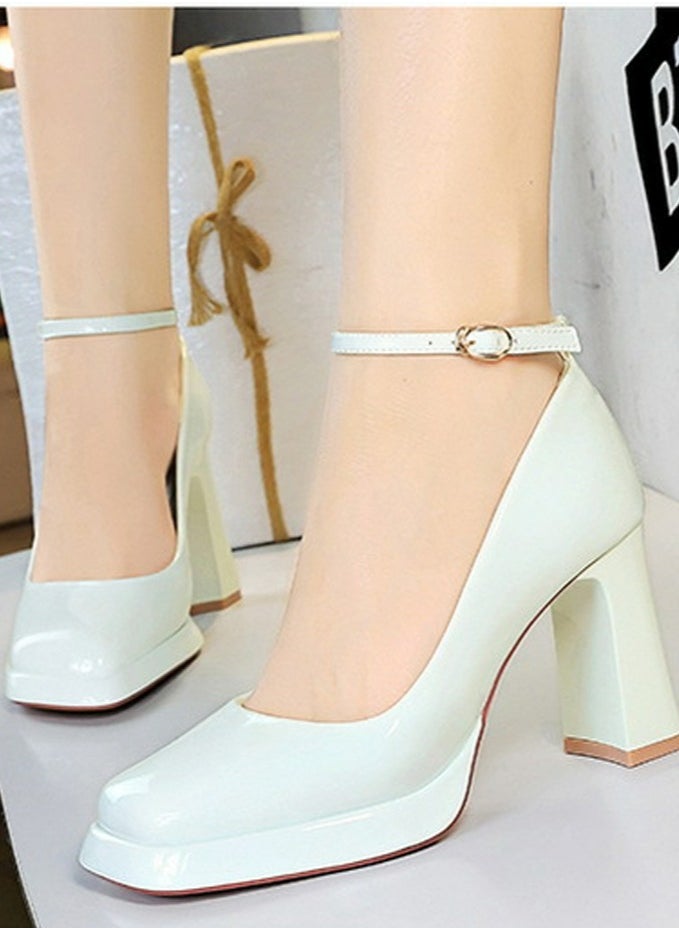 BIGTREE Womens Platform Chunky High Heel Square Closed Toe Ankle Strap Pumps White  - Image 4