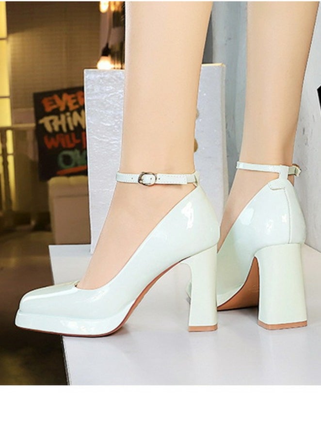 BIGTREE Womens Platform Chunky High Heel Square Closed Toe Ankle Strap Pumps White  - Image 5