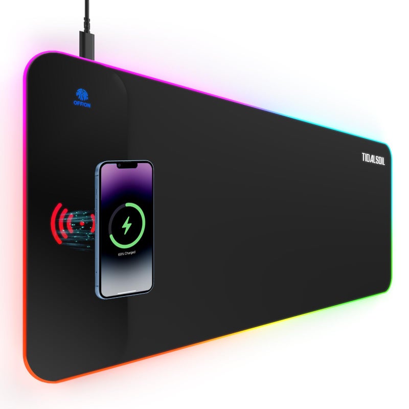 TIDALSOIL RGB Gaming Mouse Pad with 15W Wireless Charger, 17 Lighting Modes LED Mouse Mat, Extra Large 27.6"x11.8" Extended Mouse Pad with Non-Slip Base, Type-C Plug & Play, for Keyboard, Mouse, and Phone - Image 1