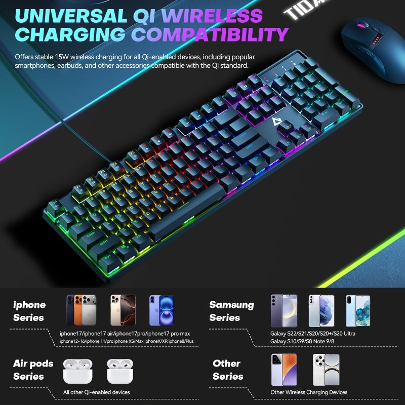 TIDALSOIL RGB Gaming Mouse Pad with 15W Wireless Charger, 17 Lighting Modes LED Mouse Mat, Extra Large 27.6"x11.8" Extended Mouse Pad with Non-Slip Base, Type-C Plug & Play, for Keyboard, Mouse, and Phone - Image 5