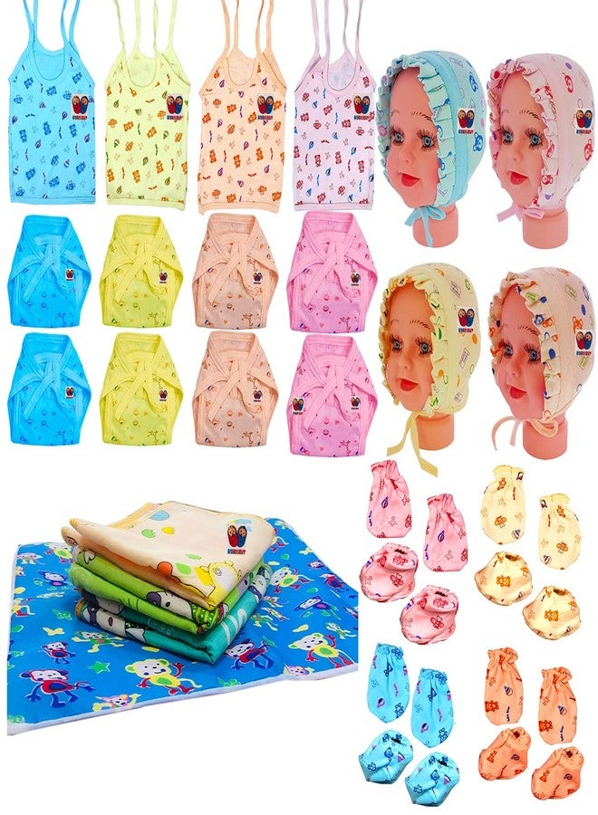 Bigbought New Born Baby Cloth Set Of Jhabla(4 Pcs),Nappy(8 Pcs),Hand Mittens(4 Pair),Leg Booties(4 Pair),Cap(4 Pcs) and Waterproof Sheets(4 Pcs). - Image 1