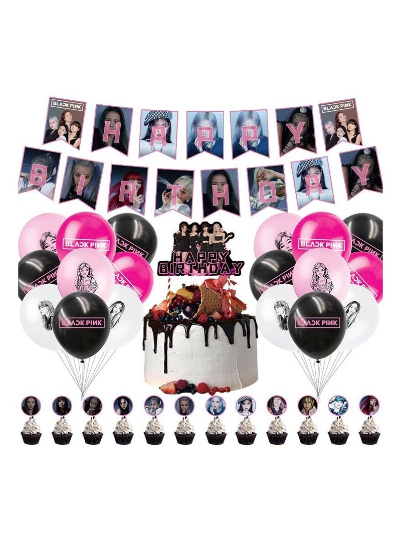 general Black Pink Kpop Birthday Party Decorations, Black Pink Korean Girl Party Supplies Include Happy Birthday Banner, Latex Balloons, Invitations, Cake Decorations for Fans - Image 1
