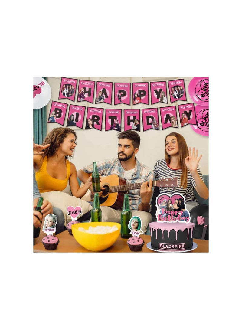general Black Pink Kpop Birthday Party Decorations, Black Pink Korean Girl Party Supplies Include Happy Birthday Banner, Latex Balloons, Invitations, Cake Decorations for Fans - Image 2
