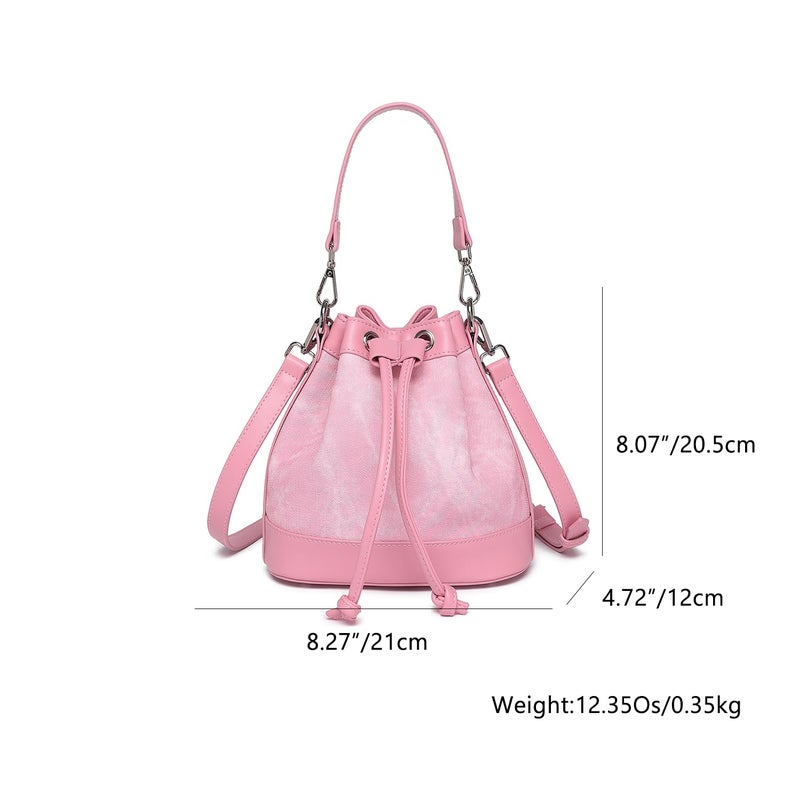 YONBEN Drawstring Bucket Bag PU Crossbody Bag for Women Denim Blue Stylish Bucket Purses (Begonia Pink) - Image 3