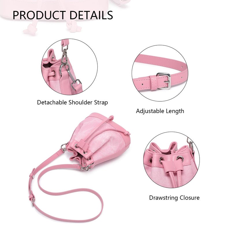 YONBEN Drawstring Bucket Bag PU Crossbody Bag for Women Denim Blue Stylish Bucket Purses (Begonia Pink) - Image 5