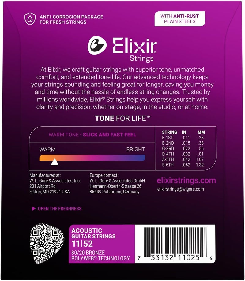 ELIXIR Strings, Acoustic Guitar Strings, 80/20 Bronze with POLYWEB Technology, Longest-Lasting Warm Tone with Comfortable Feel, 6 String Set, Custom Light 11-52 - Image 2