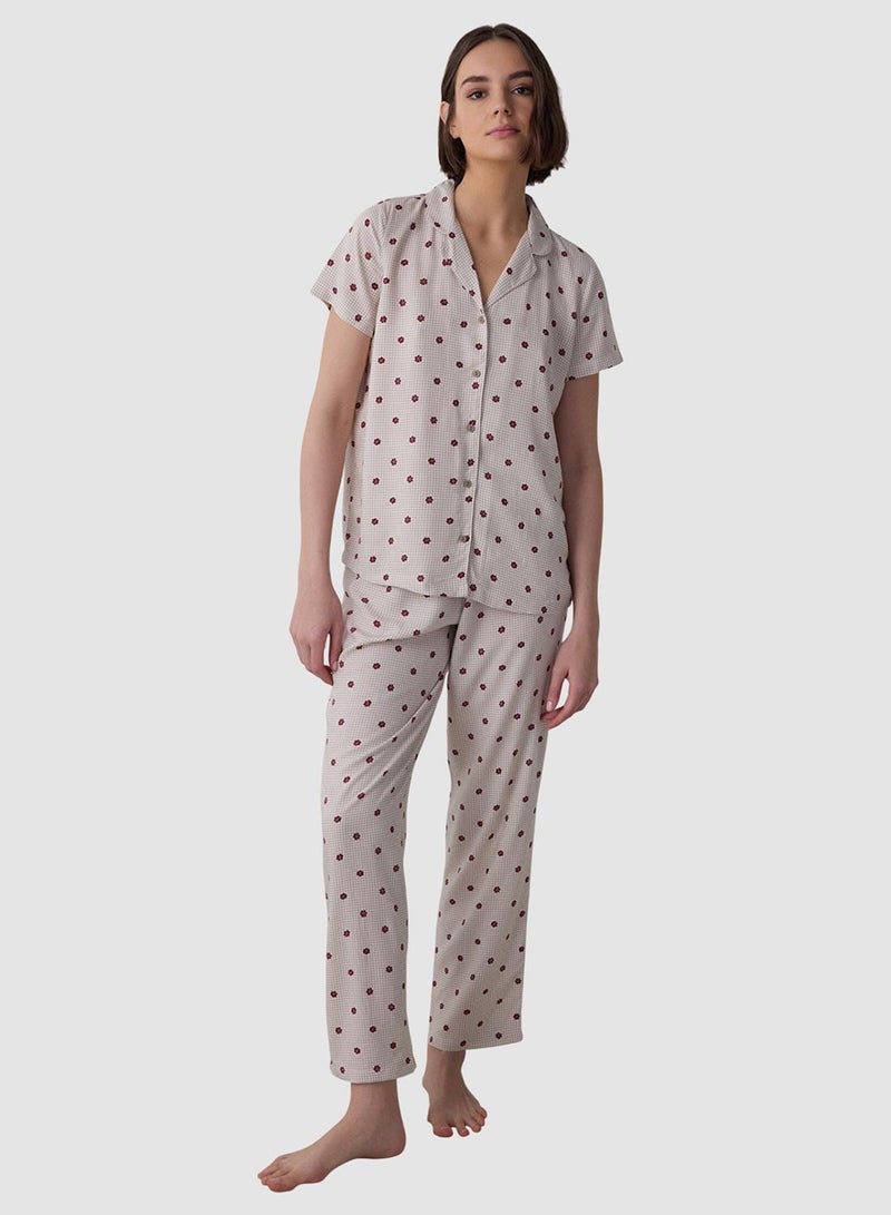 Penti Beige Freya Floral Pattern Shirt Collar Short Sleeve Pyjamas Set - Image 1