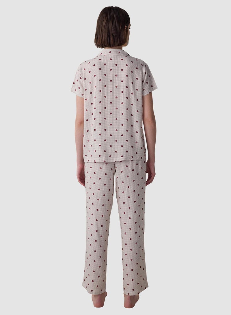 Penti Beige Freya Floral Pattern Shirt Collar Short Sleeve Pyjamas Set - Image 2