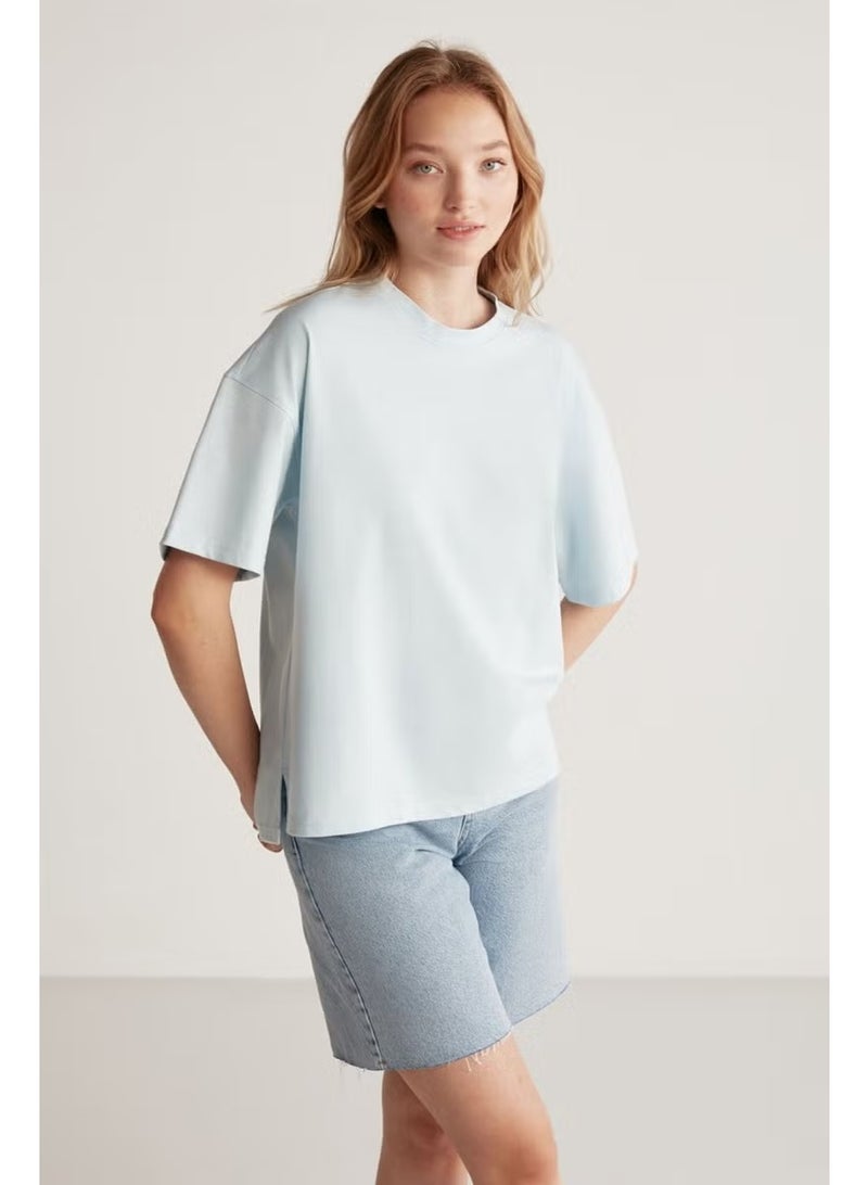 GRIMELANGE Jemmy Women's Basic Jersey Woven Relaxed 100% Organic Cotton Light Blue T-shirt - Image 2