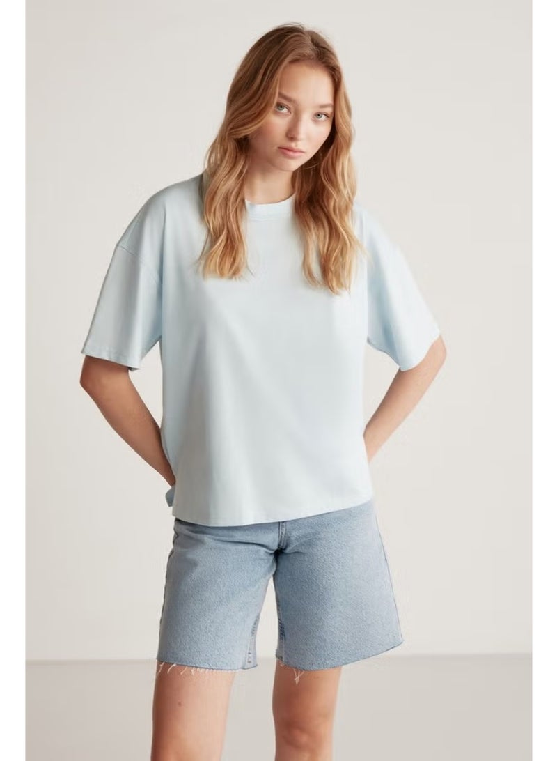GRIMELANGE Jemmy Women's Basic Jersey Woven Relaxed 100% Organic Cotton Light Blue T-shirt - Image 5