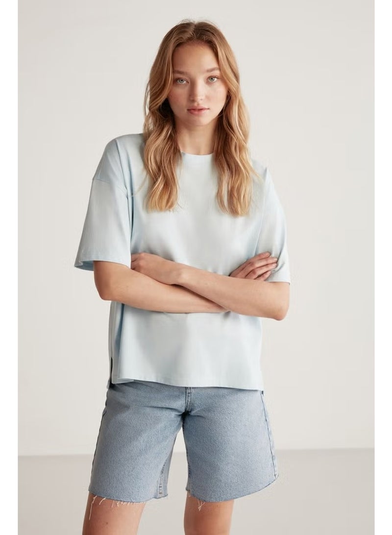 GRIMELANGE Jemmy Women's Basic Jersey Woven Relaxed 100% Organic Cotton Light Blue T-shirt - Image 1