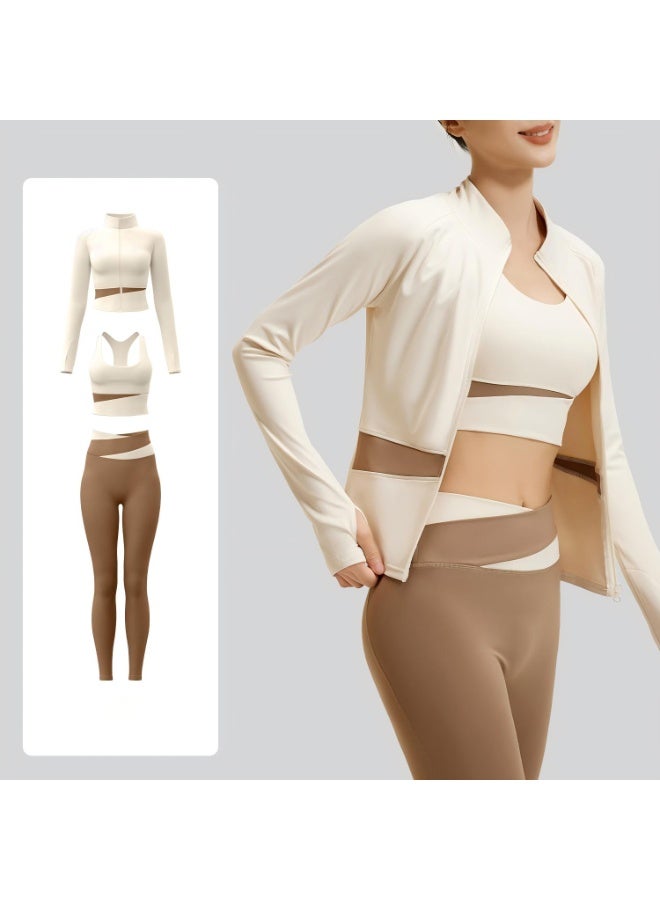 Women's 3-Piece Yoga Workout Set: Full-Zip Stand Collar Sport Jacket with Thumb Holes, Built-in Bra Tops, High-Waist Tummy Control Leggings & Headband Athletic Activewear Suit - Image 1