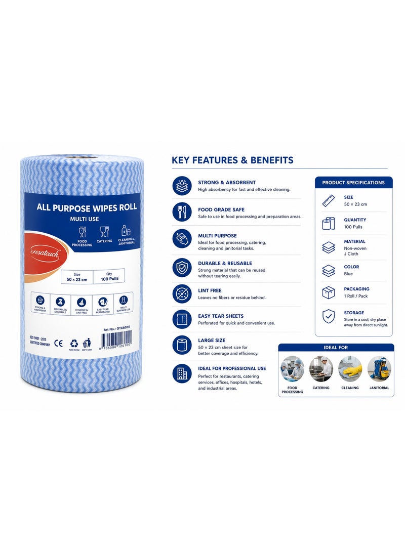 Gesatouch All Purpose Wipes Roll 100 Pulls – Multi Use J Cloth Cleaning Roll, Food Processing & Catering Wipes, Super Absorbent Janitorial Cleaning Cloth 50×23 cm - Image 2