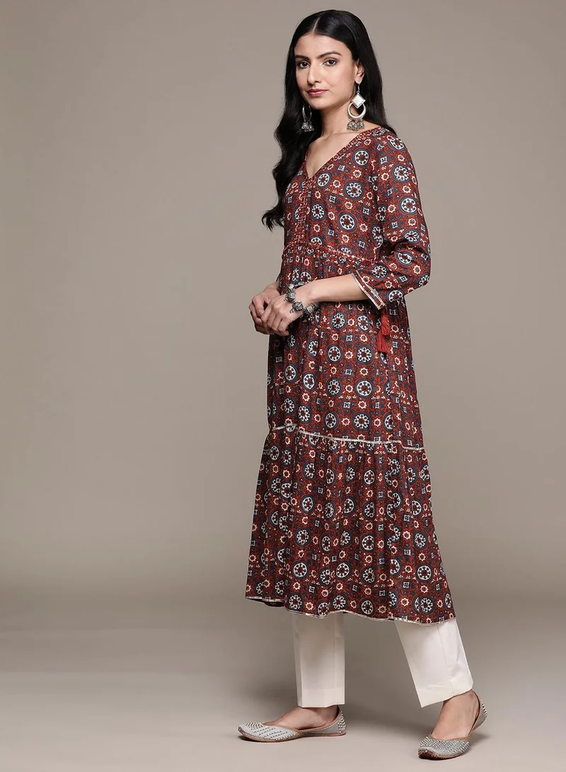 ISHIN Women's Maroon 100% Cotton Printed Tunic Regular Fit Kurta