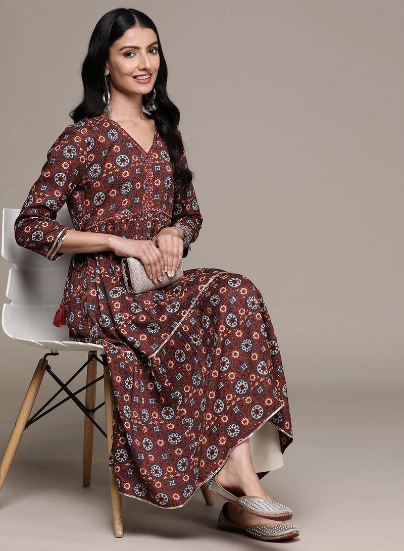 ISHIN Women's Maroon 100% Cotton Printed Tunic Regular Fit Kurta