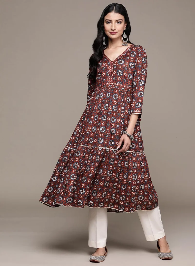 ISHIN Women's Maroon 100% Cotton Printed Tunic Regular Fit Kurta