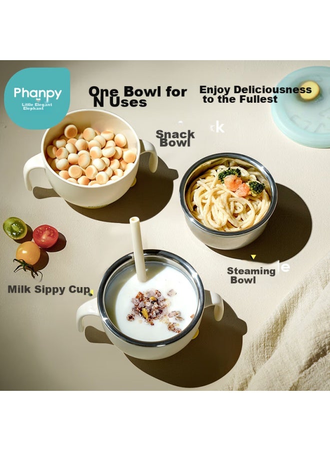 Xiaoya Elephant Xiaoya Xiang Baby Food Bowl, Infant-specific, Anti-scalding, Stainless Steel Tableware, Suction Cup, Children's Soup And Rice Paste Bowl With Straw - Image 1