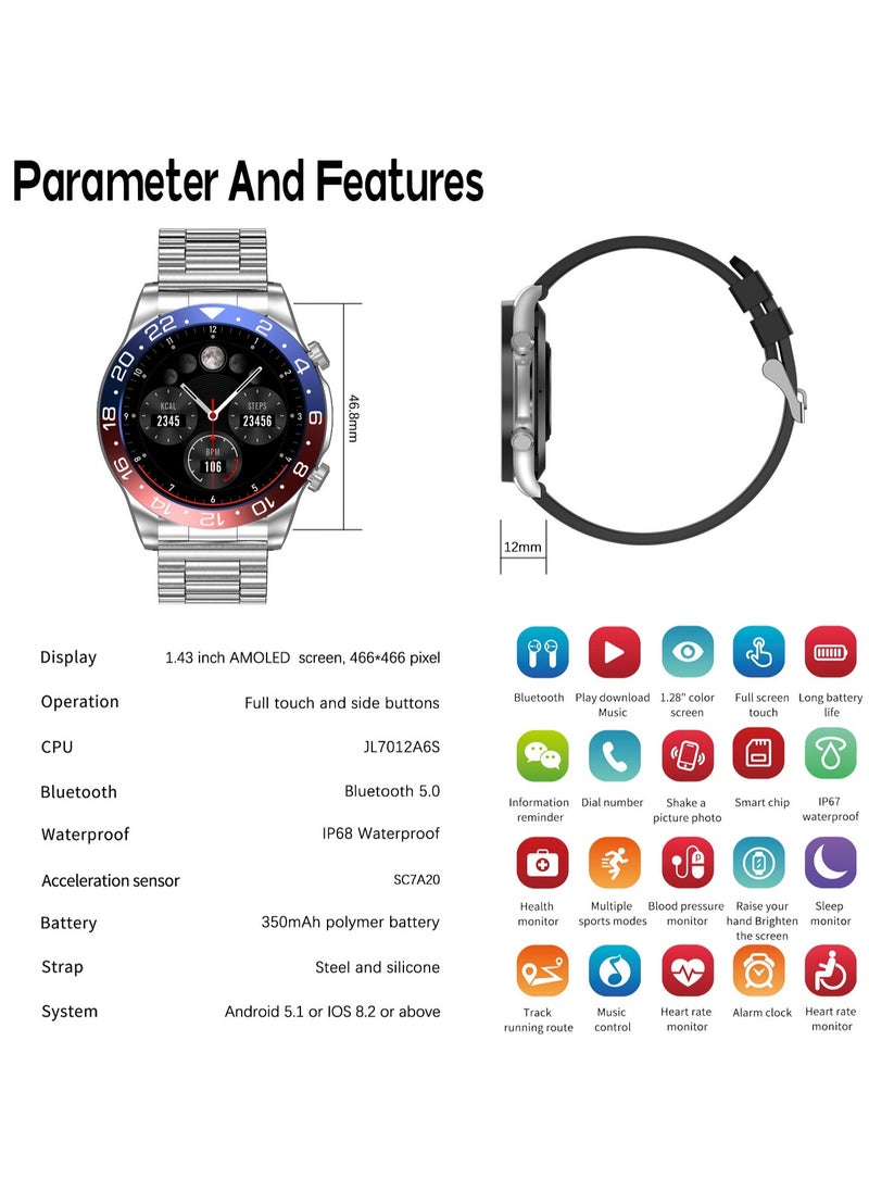 RollsTimi  - Men's Smartwatch 1.43" Amoled HD Full Touch Screen Fitness Tracker Heart Rate Blood Pressure Sleep Monitor Business Sports Smart Watch for Men - Image 1