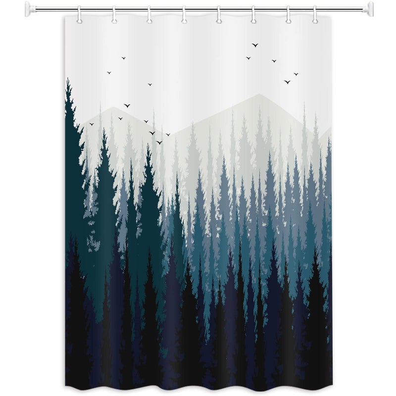 JAWO Mountain Forest Scene Fabric Shower Curtain 48x72 Inch Pine Tree Mountains Black Bird Rustic Scenery Shower Curtains for Bathroom Cloth Shower Stall Curtain with Hooks