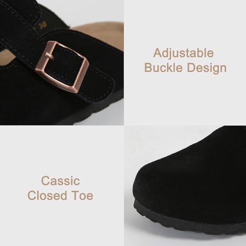 Dumalum Clogs for Women Mens Suede Leather Slip on Shoes Cork Footbed Mules Sandals with Arch Support Unisex Slippers Black - Image 2