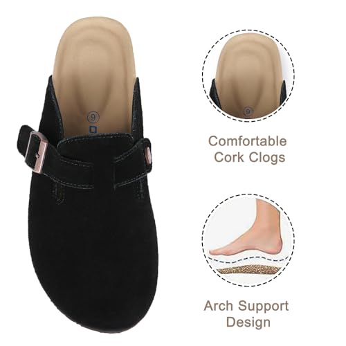 Dumalum Clogs for Women Mens Suede Leather Slip on Shoes Cork Footbed Mules Sandals with Arch Support Unisex Slippers Black - Image 3