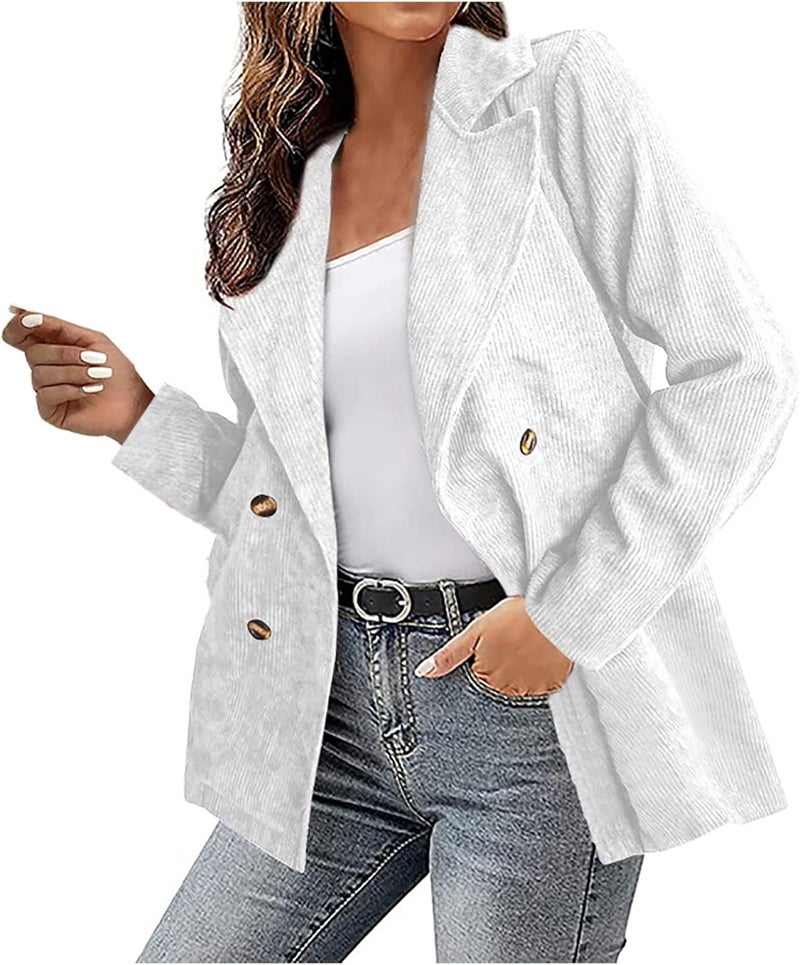 woobles Women's Winter Warm Corduroy Office Blazers Open Front Cardigans Business Lapel Button Work Jackets White - Image 2