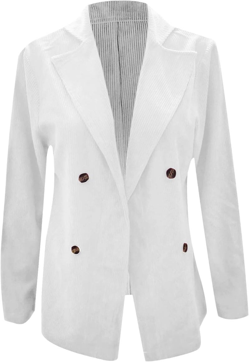 woobles Women's Winter Warm Corduroy Office Blazers Open Front Cardigans Business Lapel Button Work Jackets White - Image 3