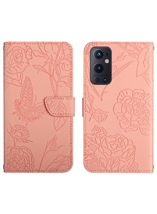 اس-توب جراب لهاتف OnePlus 9 Pro مصنوع من الجلد المنقوش بنقشة زهور الفاوانيا على شكل فراشة - Image 1