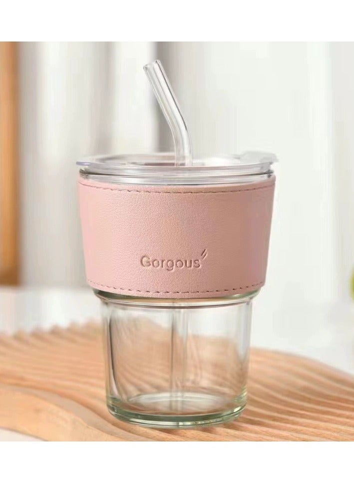 Generic 400ML glass water cup, drinking cup; coffee cup, equipped with 1 straw, anti-scalding and high temperature resistant, very fashionable drinking cup - Image 1