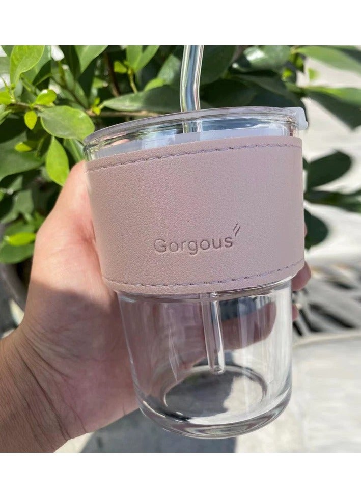 Generic 400ML glass water cup, drinking cup; coffee cup, equipped with 1 straw, anti-scalding and high temperature resistant, very fashionable drinking cup - Image 2
