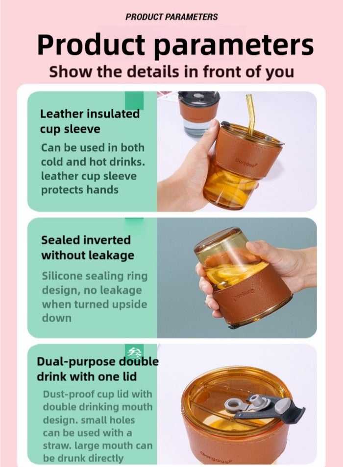 Generic 400ML glass water cup, drinking cup; coffee cup, equipped with 1 straw, anti-scalding and high temperature resistant, very fashionable drinking cup - Image 5