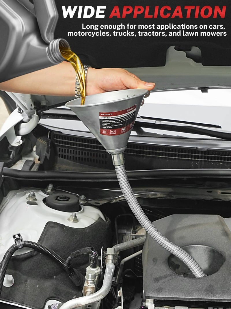 BILITOOLS 26.2" Steel Flexible Oil Funnel with Filter for Automotive Use, Metal Bendable Spout Funnel for Oil Fluids Change, Long Funnels for Transmission Fluid - Image 2