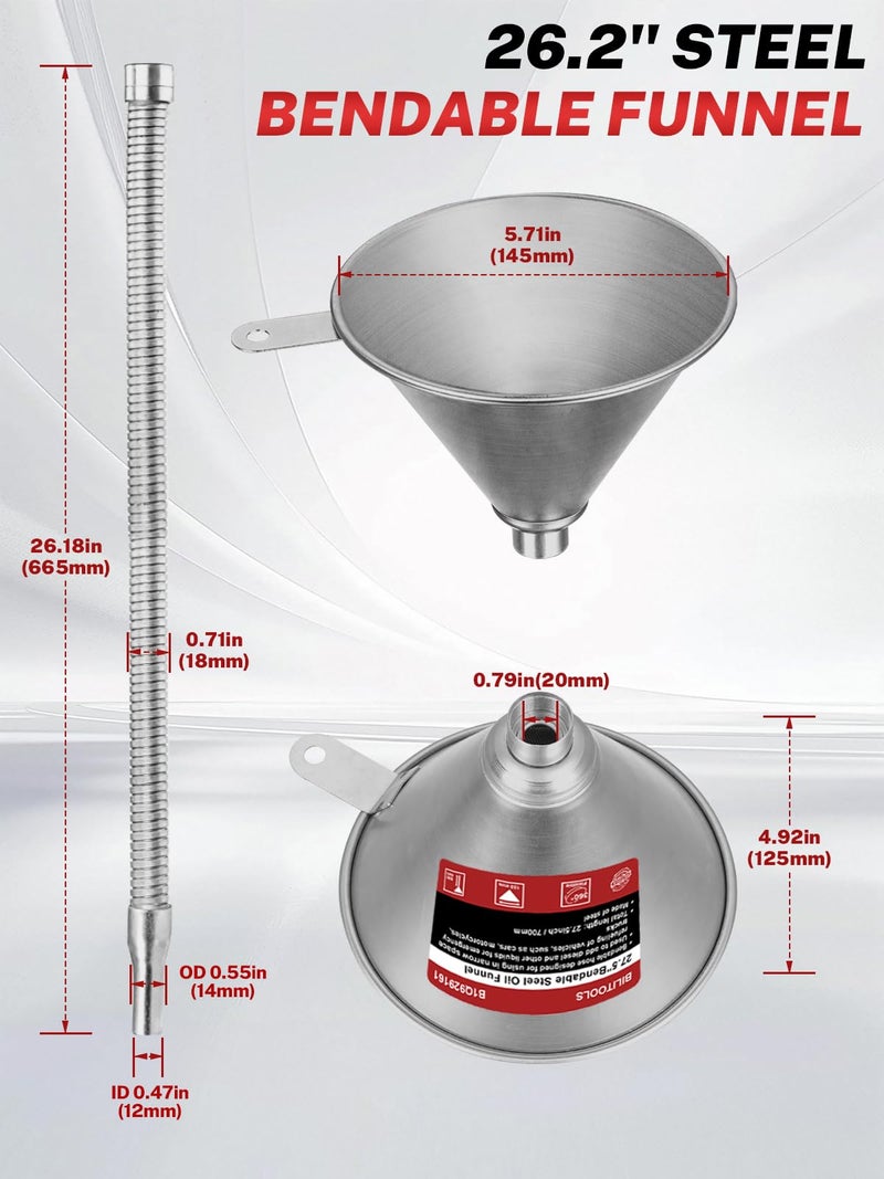 BILITOOLS 26.2" Steel Flexible Oil Funnel with Filter for Automotive Use, Metal Bendable Spout Funnel for Oil Fluids Change, Long Funnels for Transmission Fluid - Image 3