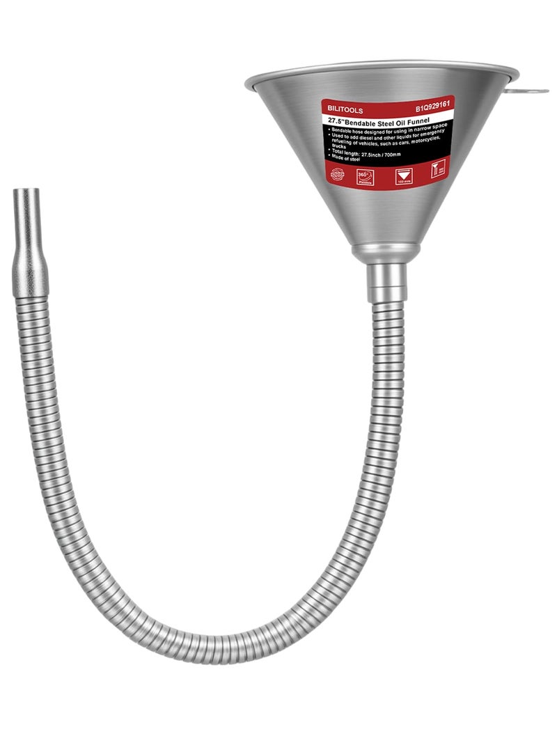 BILITOOLS 26.2" Steel Flexible Oil Funnel with Filter for Automotive Use, Metal Bendable Spout Funnel for Oil Fluids Change, Long Funnels for Transmission Fluid - Image 1