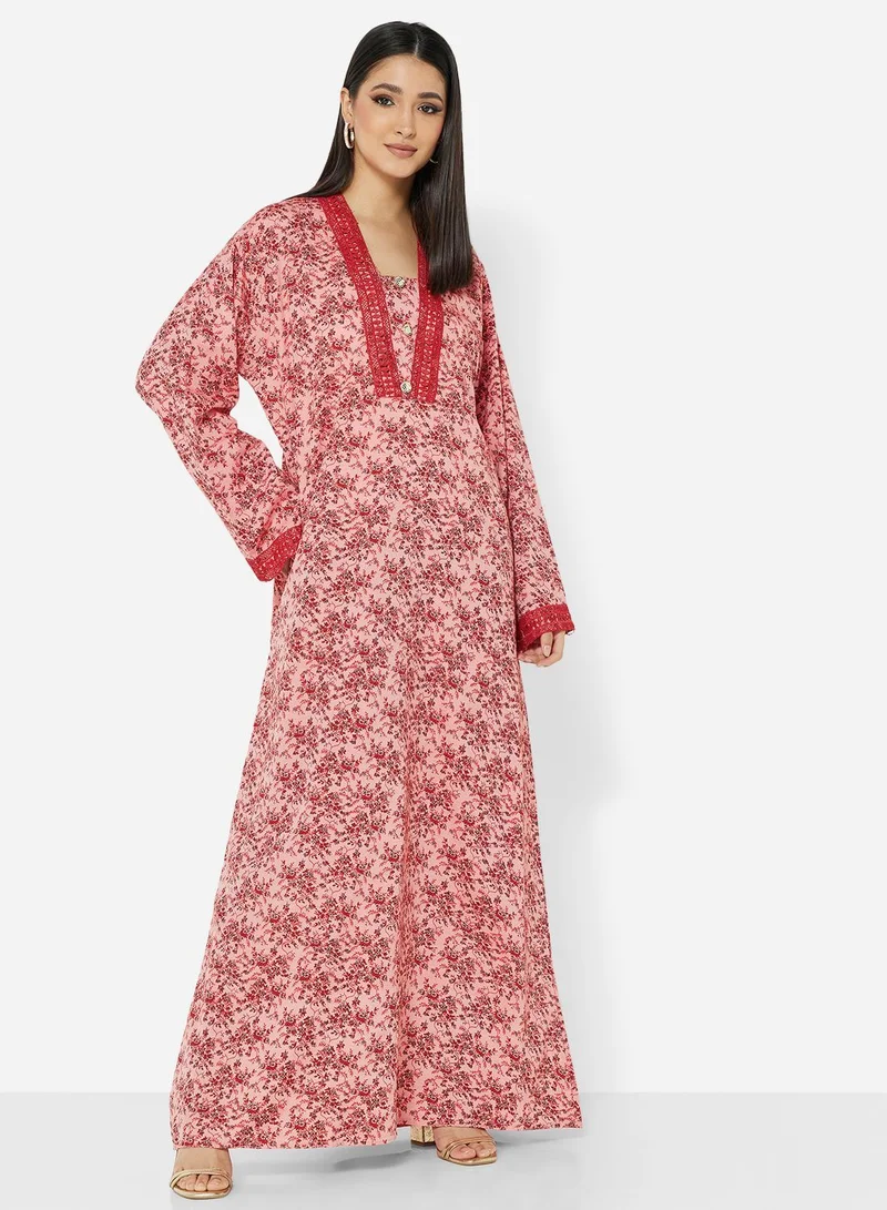 HANA & SARA FLORAL PRINTED JALABIYA WITH UNIQUE THREAD EMBROIDERY