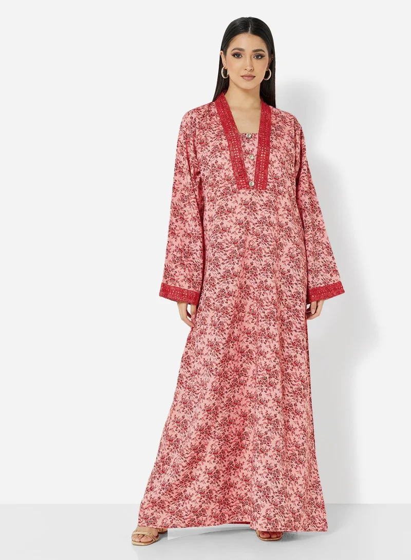 HANA & SARA FLORAL PRINTED JALABIYA WITH UNIQUE THREAD EMBROIDERY