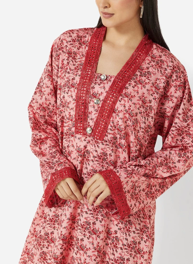 HANA & SARA FLORAL PRINTED JALABIYA WITH UNIQUE THREAD EMBROIDERY